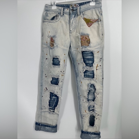 Artsy Upcycled Hippie Jeans Patchwork Painted Rum Woodstock Sz 32 - Picture 1 of 5